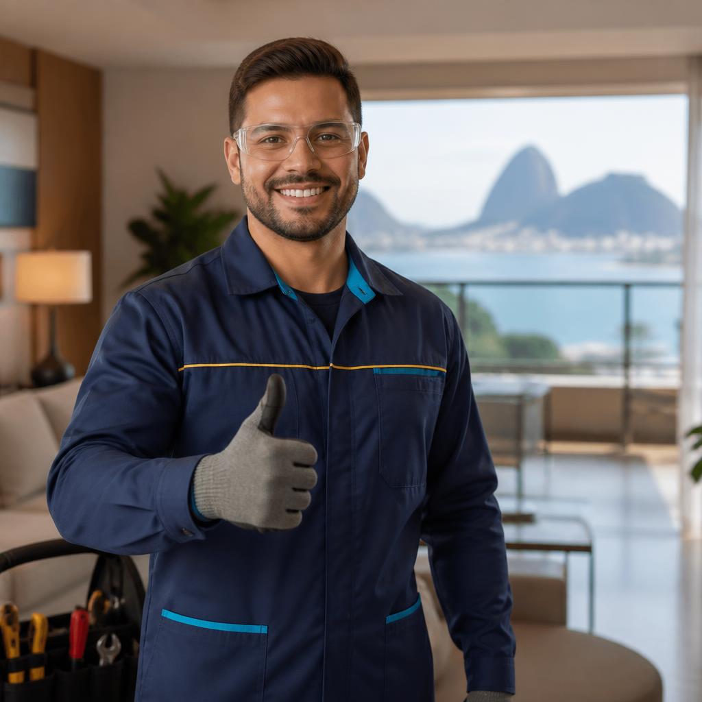 Profissional uniformizado com óculos de proteção fazendo sinal de positivo